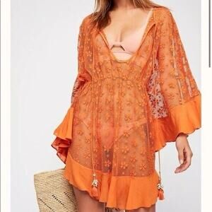 Free People Intimately Orange Lace Wrap Kimono Kaftan / Swim Cover-Up Small